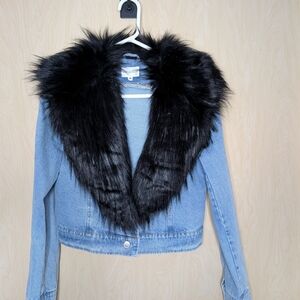 Edgy Blue Jean Jacket By Avec Les Filles Black Faux Fur Collar